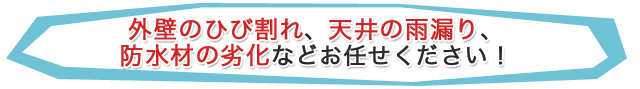 外壁のひび割れ、天井の雨漏り、防水材の劣化などお任せください！